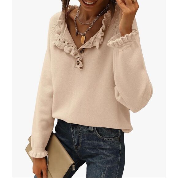 WNOT BTFBM Long Sleeve Button Down Ruffle Crew Neck Casual Knitted Pullover Top - Picture 1 of 11